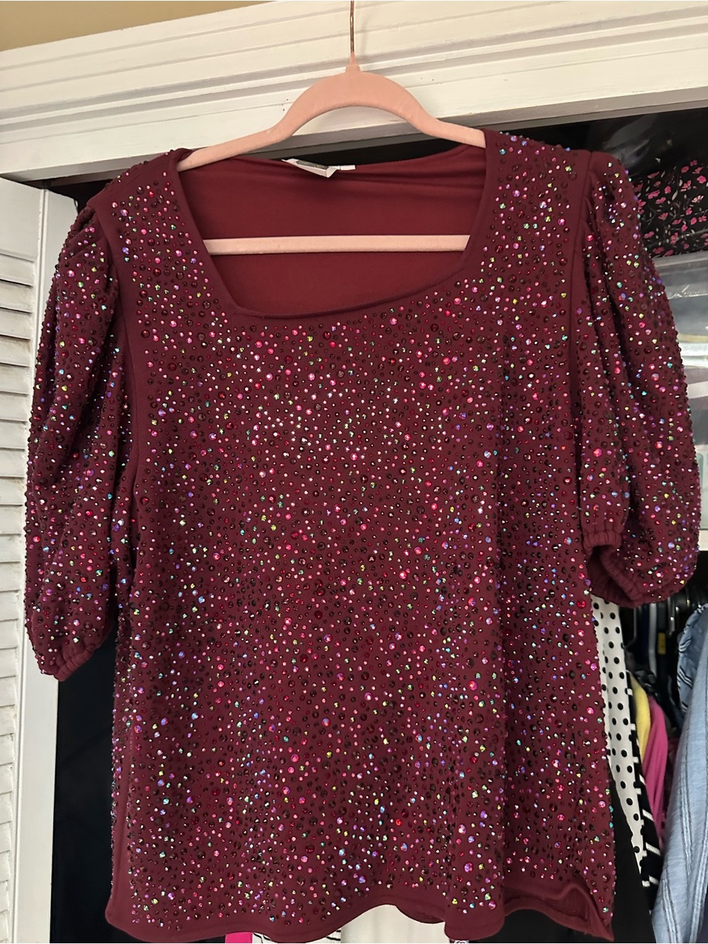 QUEEN OF SPARKLES Burgundy Sequin-Embellished Scoop Neck Top
